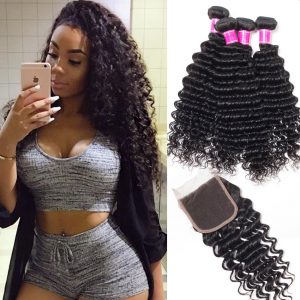 Brazilian Deep Wave 4 Bundles With Lace Closure