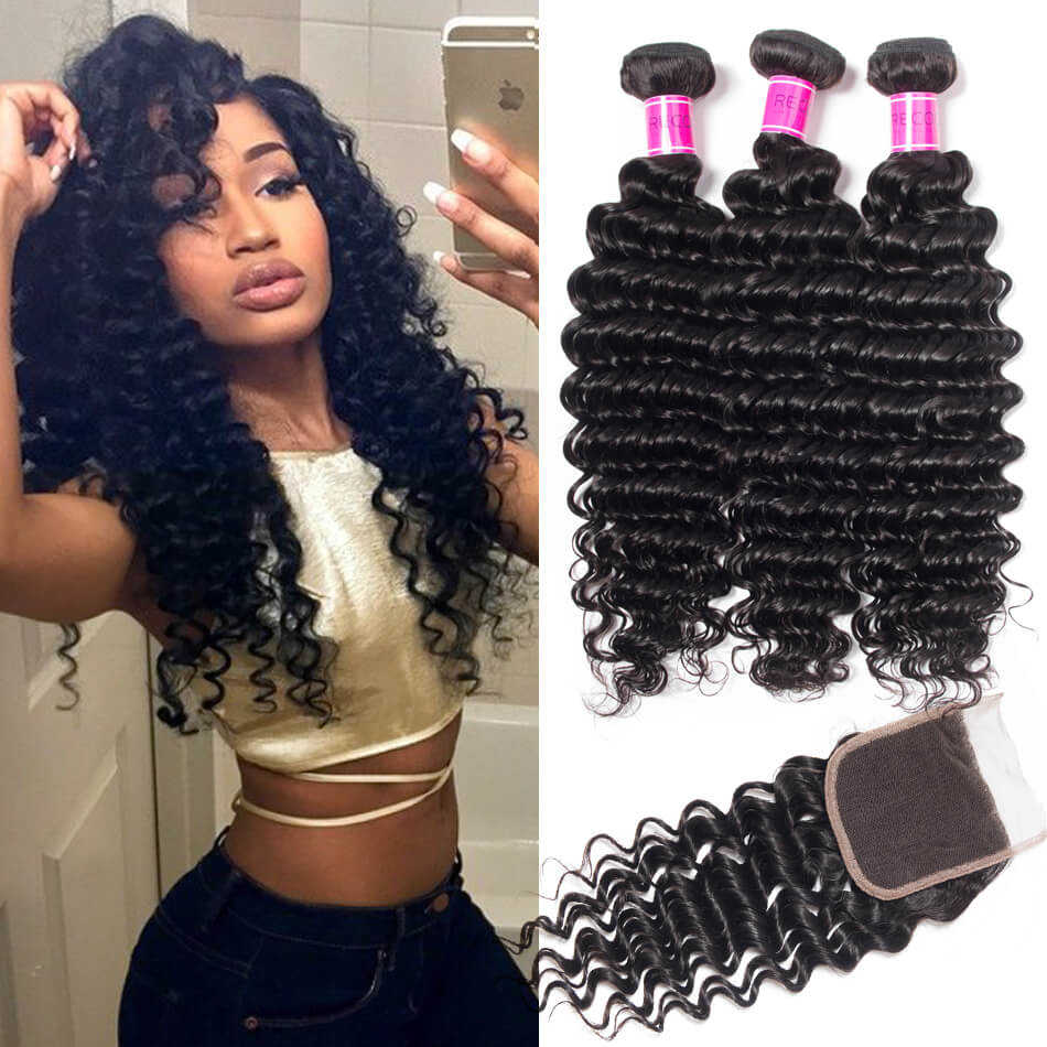 Brazilian Deep Wave Bundles With Closure Recool Hair 3 Bundles With Closure 100 Virgin Human Hair