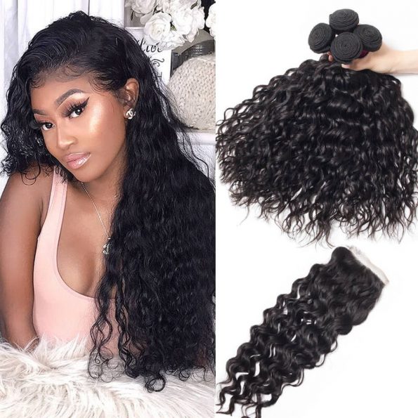 Brazilian Human Hair Water Waves Bundles With Lace Closure