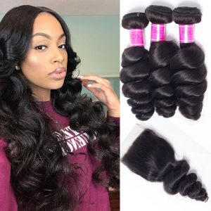 Brazilian Loose Wave 4 Bundles With Lace Closure