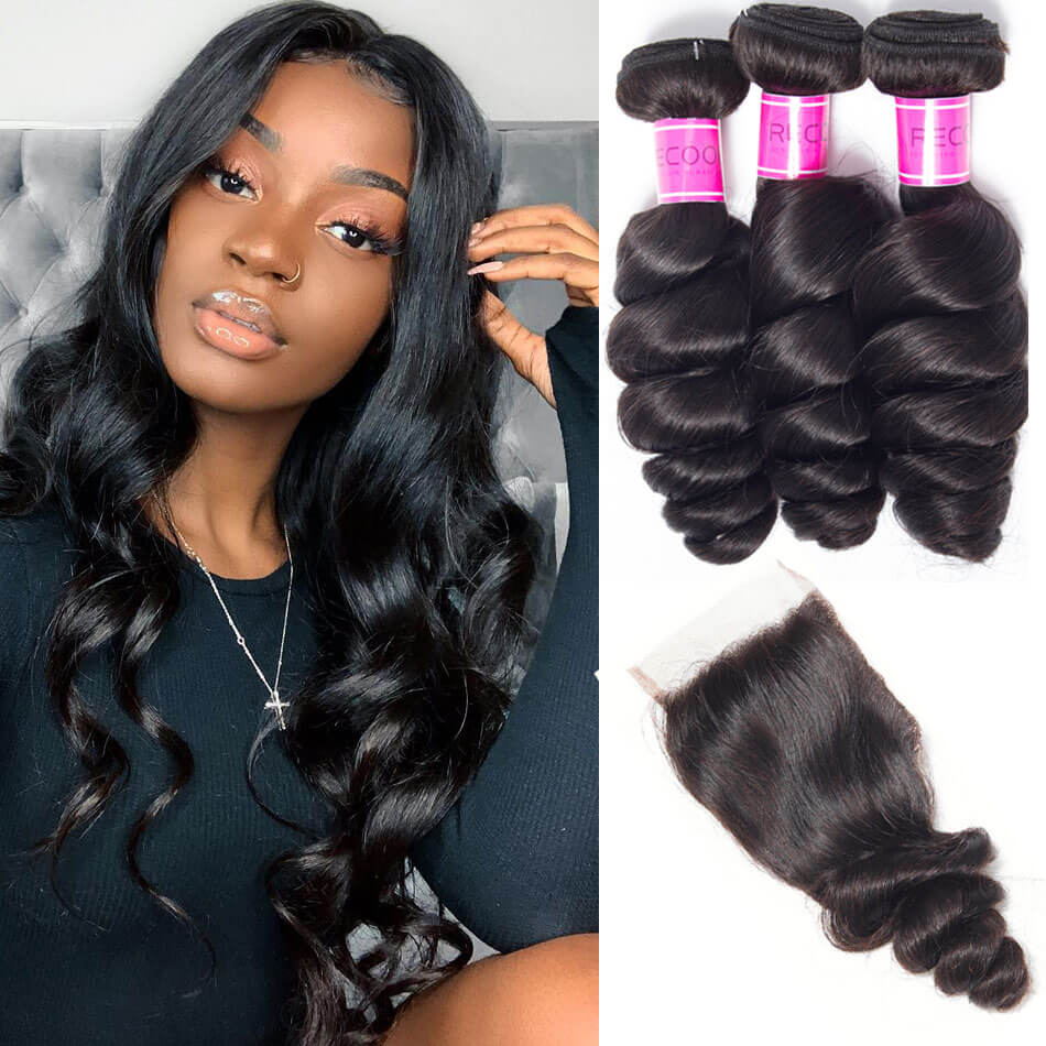 Sale Brazilian Loose Wave 3 Bundles With Lace Closure Recool Hair
