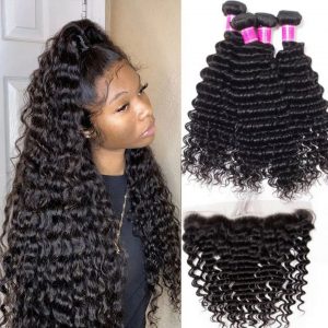 Brazilian deep curly 4 bundles with frontal