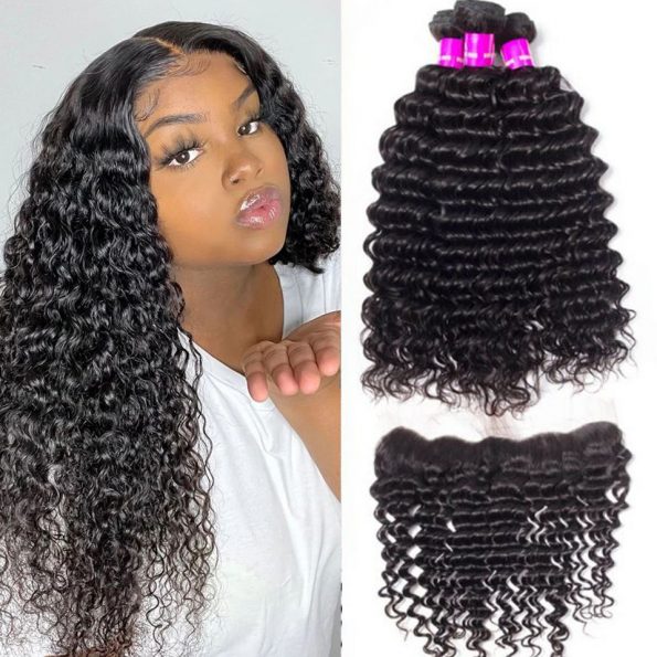 Indian deep curly 3 bundles with frontal