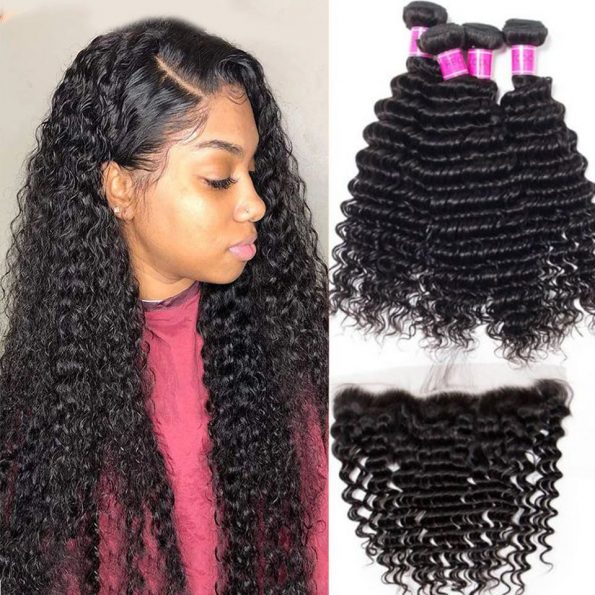 Indian deep curly 4 bundles with frontal