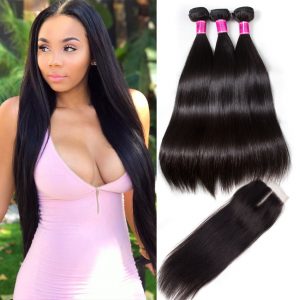 Malaysian Straight Hair 4 Bundles With Lace Closure