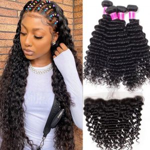 Peruvian deep curly 4 bundles with frontal