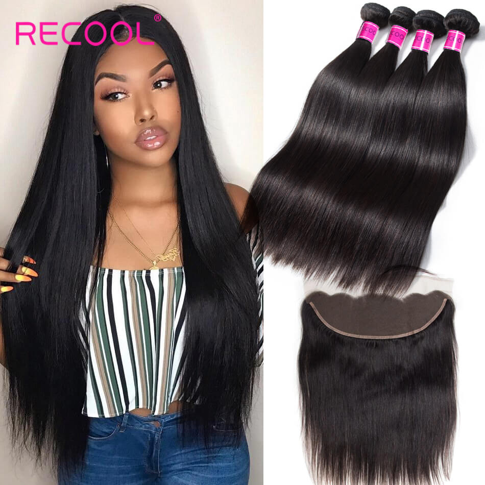 Peruvian Straight Virgin Hair 4 Bundles With Frontal Recool Hair 8A Human Hair Frontal With Bundle Deals