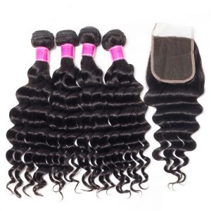 Virgin Peruvian Hair Loose Deep Wave 4 Bundles With Closure