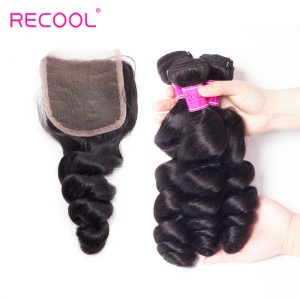 Recool Hair Peruvian Loose Wave Bundles With Closure 100% Remy Virgin Hair 3 Bundles With Closure