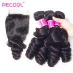 Recool Hair Malaysian Loose Wave Bundles With Closure 100% Remy Virgin Hair 4 Bundles With Closure