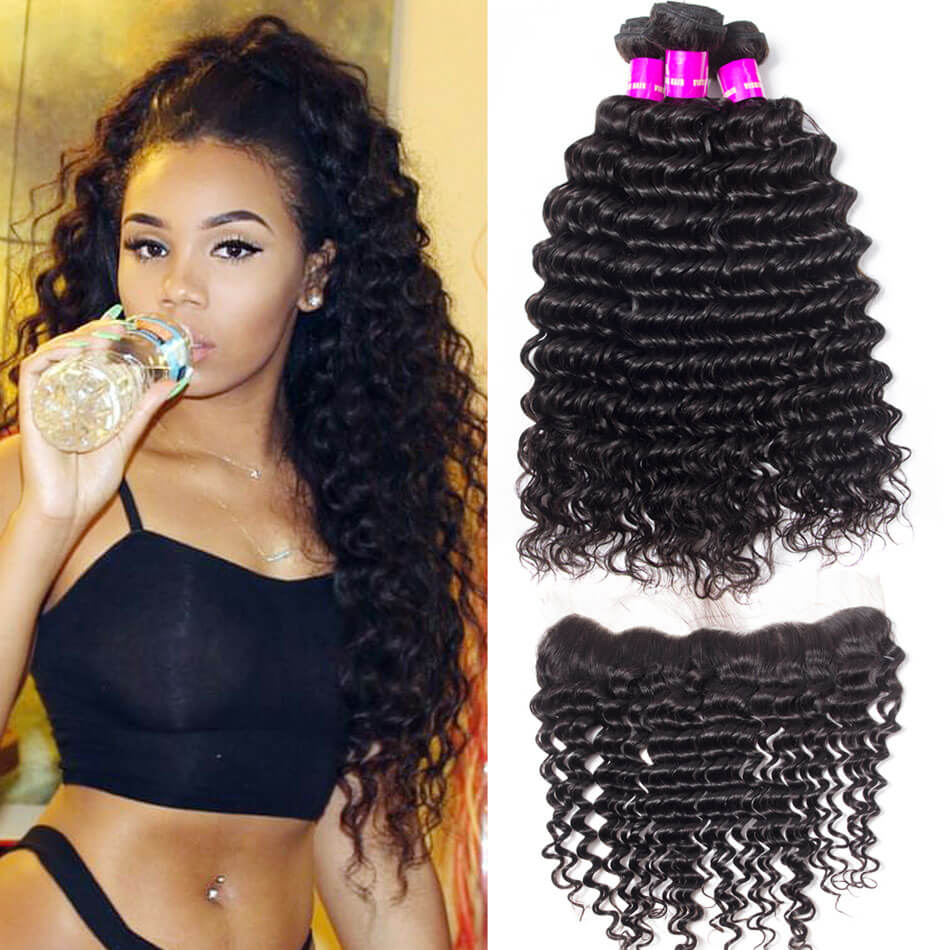 10a Indian Deep Curly Wave 4 Bundles With Lace Frontal Closure 100 Unprocessed Human Hair Deep Wave With Frontal Closure