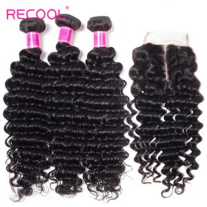 Peruvian Deep Wave Bundles With Closure Recool Hair 4 Bundles With Closure 100% Virgin Human Hair