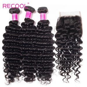 Peruvian Deep Wave Bundles With Closure Recool Hair 4 Bundles With Closure 100% Virgin Human Hair