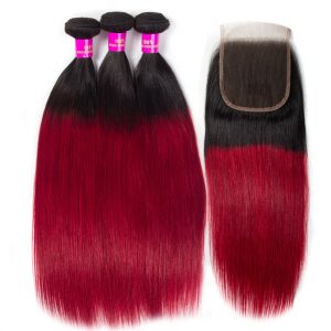 Brazilian T1b-red Straight Hair 3 Bundles With Lace Closure