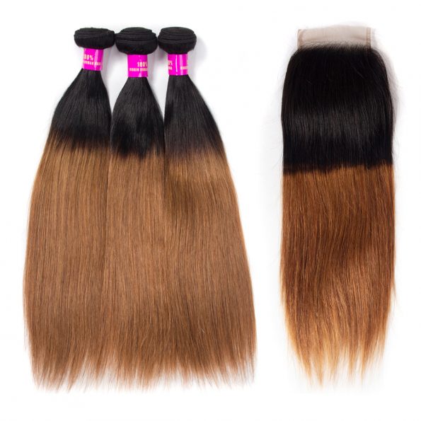 Brazilian Ombre 1B 30 Straight Hair Bundles With Lace Closure