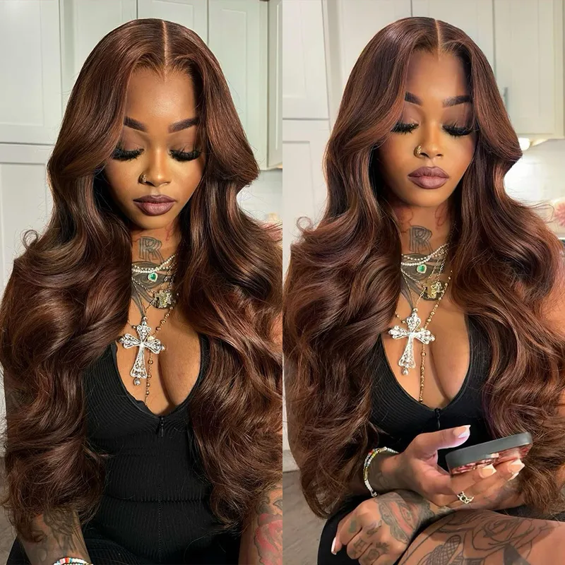 Chocolate Brown 4# Color 13x4 Body Wave HD Lace Frontal Wig Straight Colored Human Hair Wigs