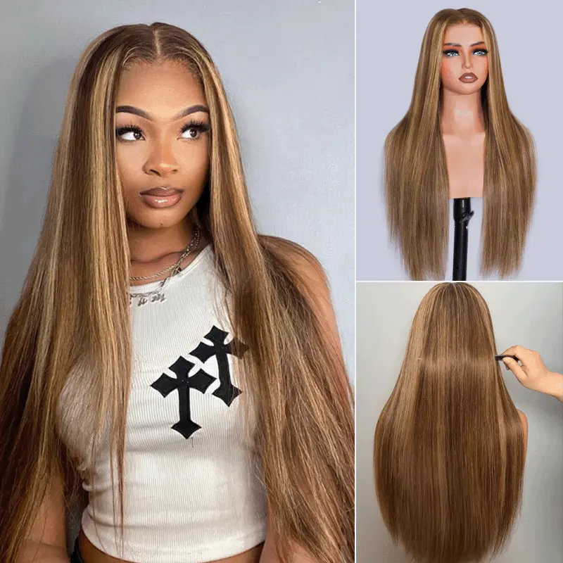 4/27 Highlight Straight 6x5 Wear Go 13x4 HD Glueless Lace Front Wig Honey Blonde Mix Brown Color