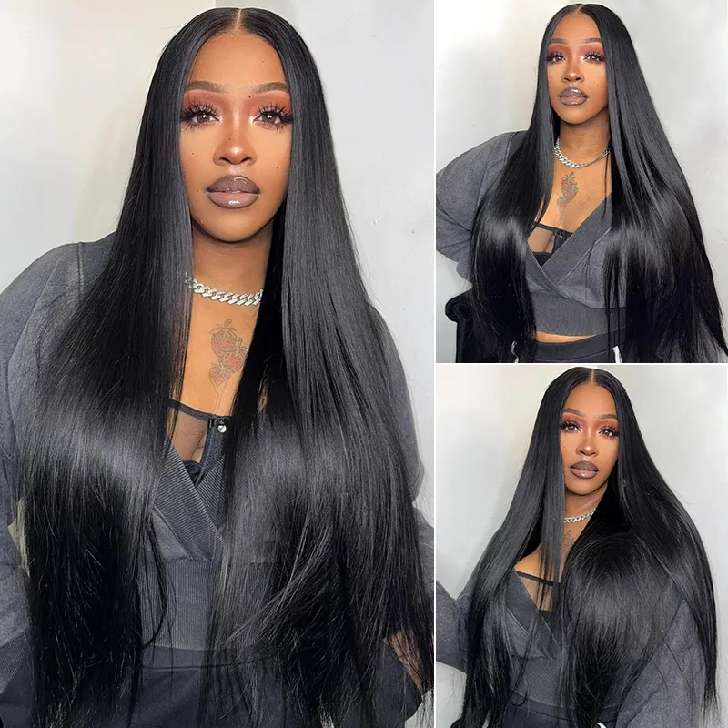 Portrait collage of a woman with waist‑length straight black hair, wearing a gray top and a silver chain necklace.