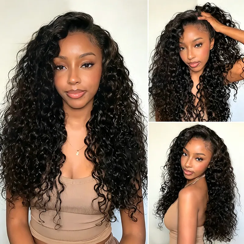 Collage of a woman with long, tight black curls wearing a beige tank top, shown in three poses.