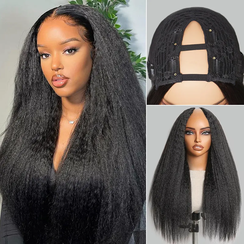 Kinky Straight Drawstring V Part Human Hair Wig Opening Size Seamless Blend 200% Density