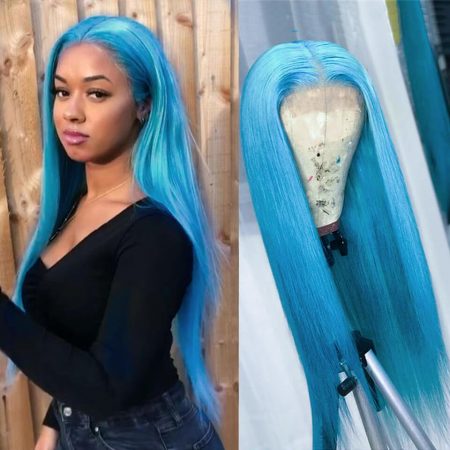 blue color straight hair lace frontal wig