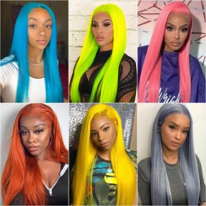 colorful straight hair frotnal wig pink grey orange blue green color