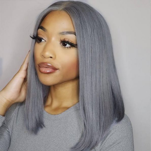 grey color straight hair bob frontal wig