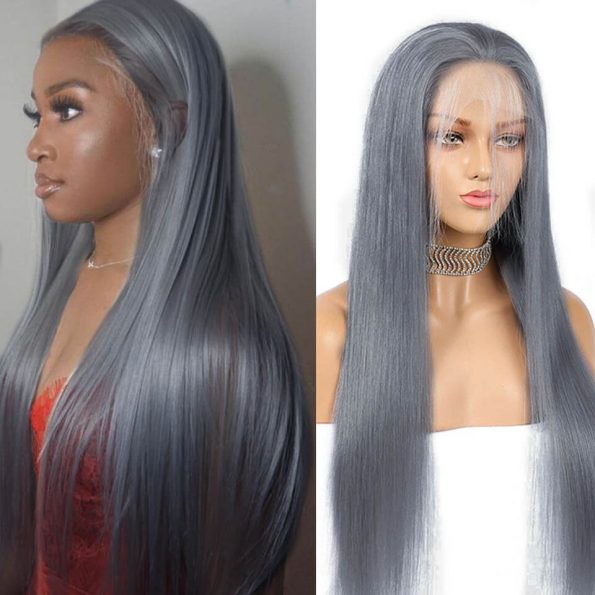 grey color straight hair lace frontal wig