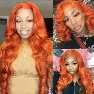 orange color body wave frontal wig