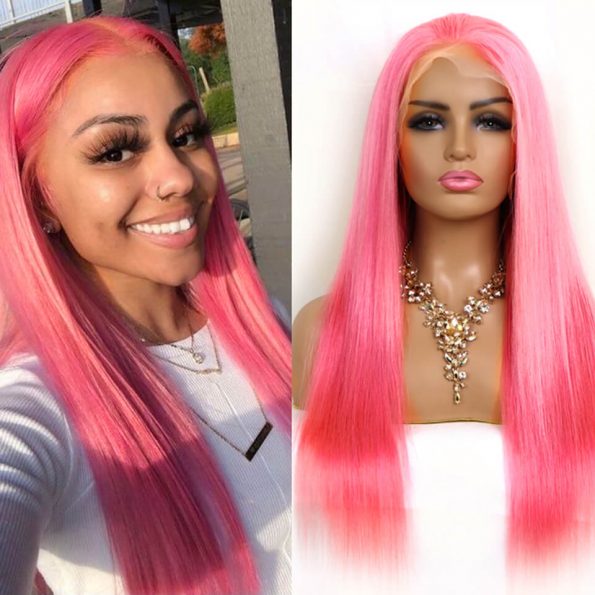 pink color straight hair lace frontal wig