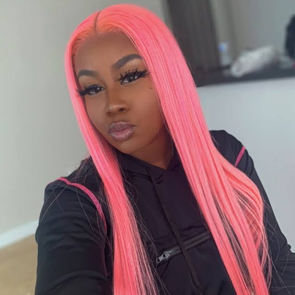 pink color straight hair lace frontal wig