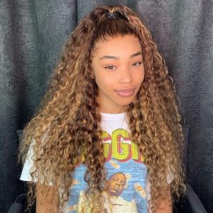 427 honey blonde color deep wave wig