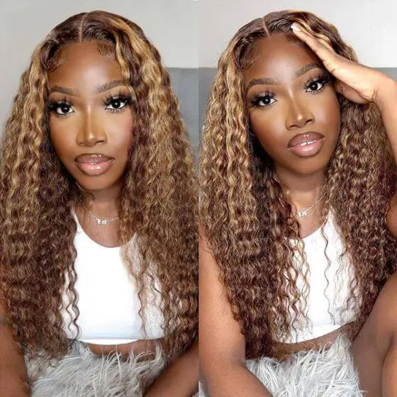 427 honey blonde color deep wave wig