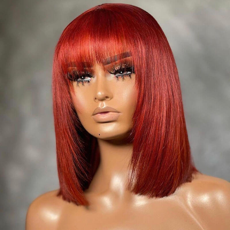 Red Bob with Bang No Lace Machine Hair Weft Wig| Recool Hair