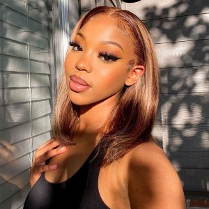 brown mix blonde color highlight wig bob