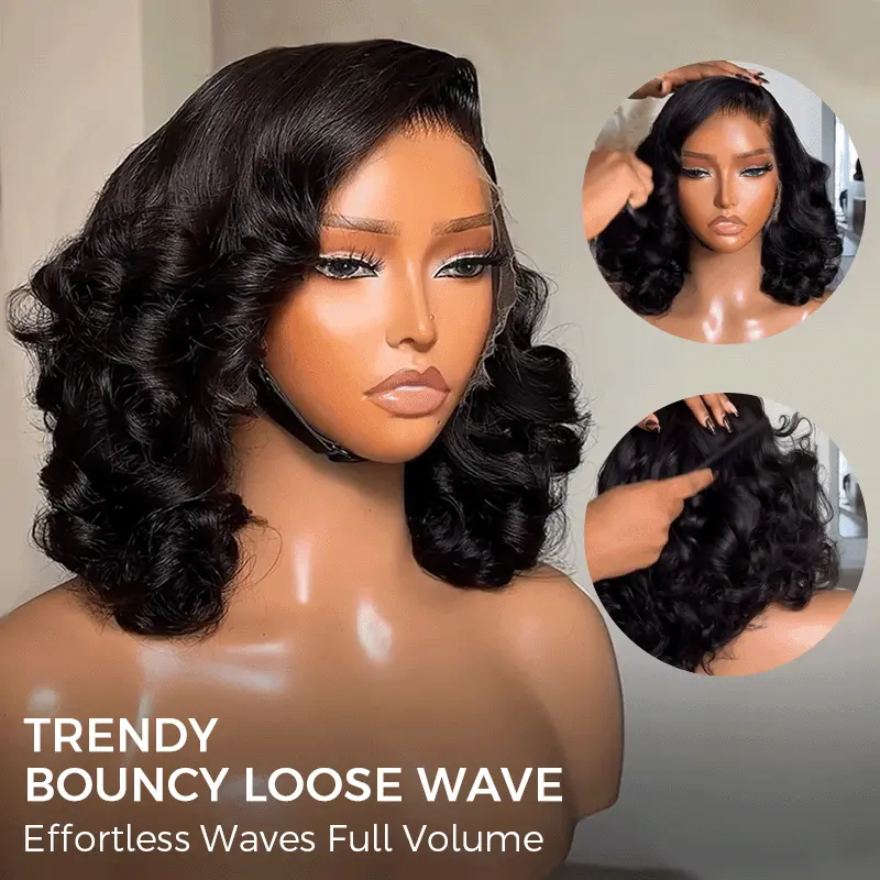 Mannequin head showcasing a black, shoulder-length bouncy loose-wave wig with full volume; two circular insets display close-ups of the curls and styling details.