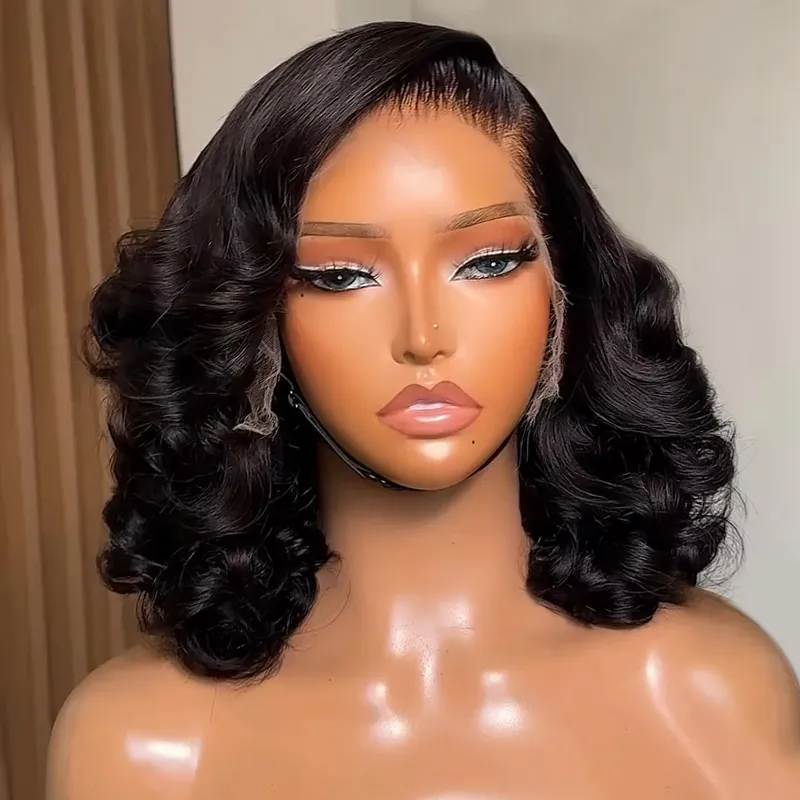 Mannequin head showcasing a black shoulder-length wavy wig with a side part and glam makeup.