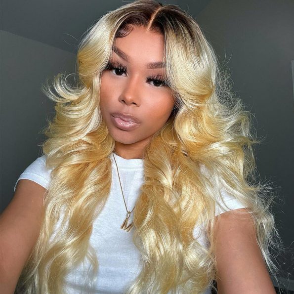 blonde body wig with brown roots ombre color