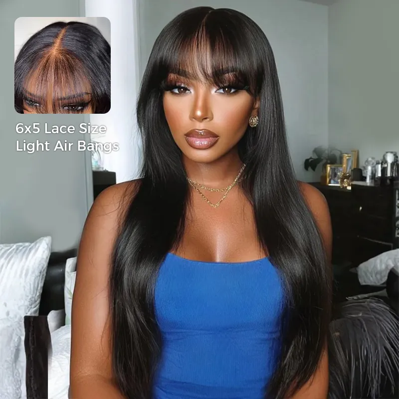 Woman with long, straight black hair and bangs wearing a blue top; inset close-up shows a lace-front wig with light air bangs—product highlight.