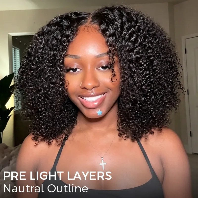 Smiling woman with tight natural curls and a cross necklace; thumbnail for a hairstyle tutorial titled 'Pre Light Layers: Natural Outline'.