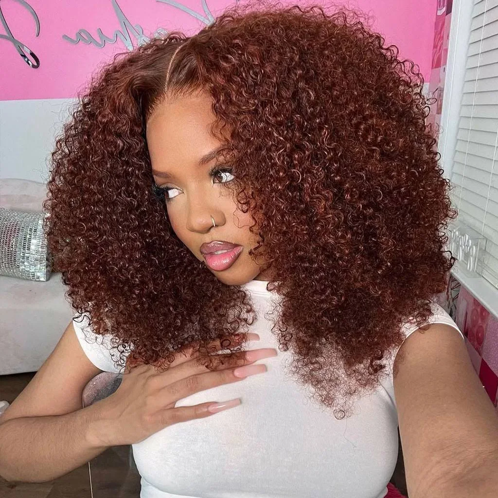 Reddish Brown Kinky Curly 6x5 HD Lace SDD Quality Drawstring Human Hair Wigs 220% Density