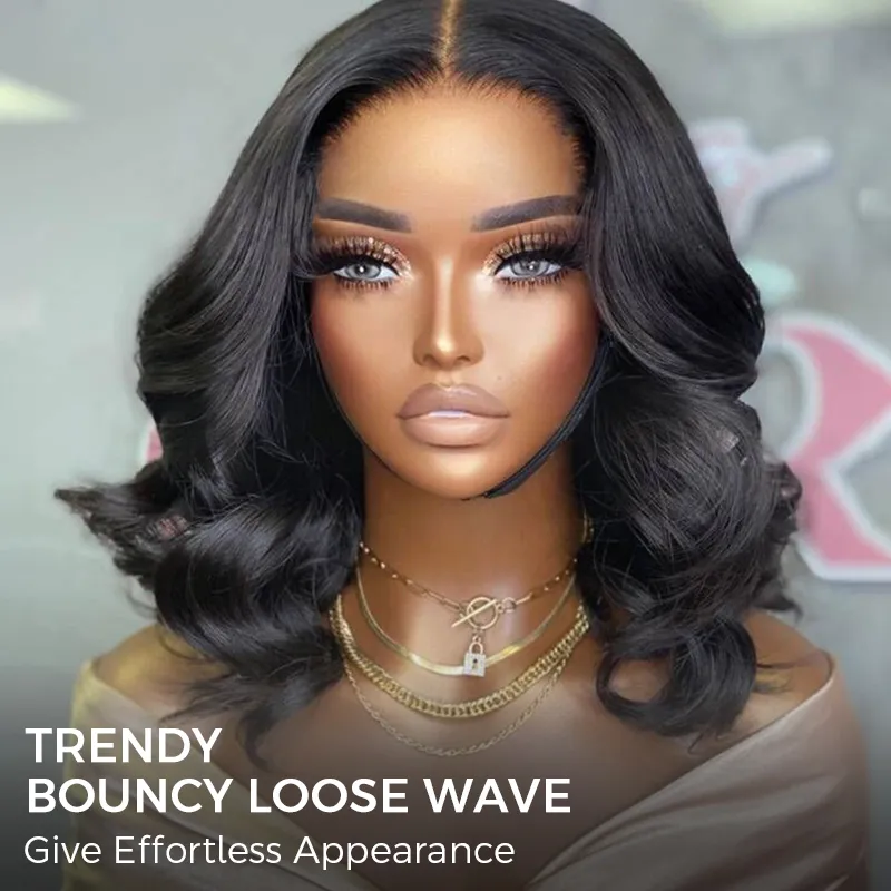 Model with a glossy black bouncy loose-wave bob, dramatic makeup, and layered gold necklaces; fashion promo image with the headline 'Trendy Bouncy Loose Wave'