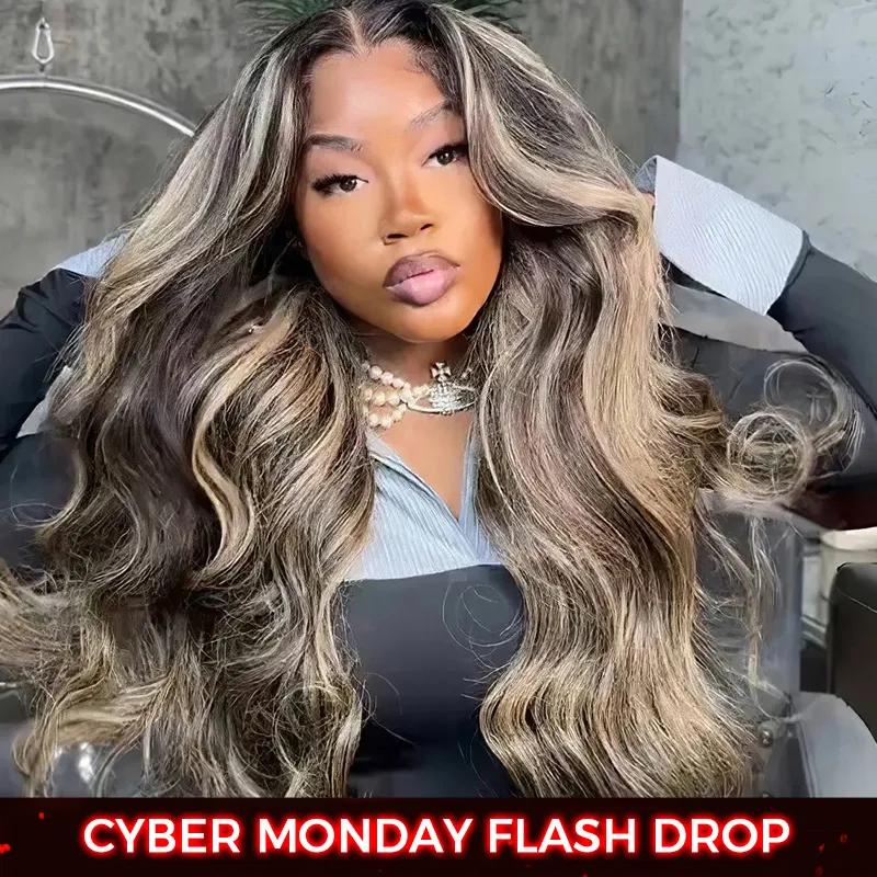 Balayage Highlight Body Wave/Straight 6x5 13x4 HD Lace Frontal Human Hair Wig Black With Blonde Highlight