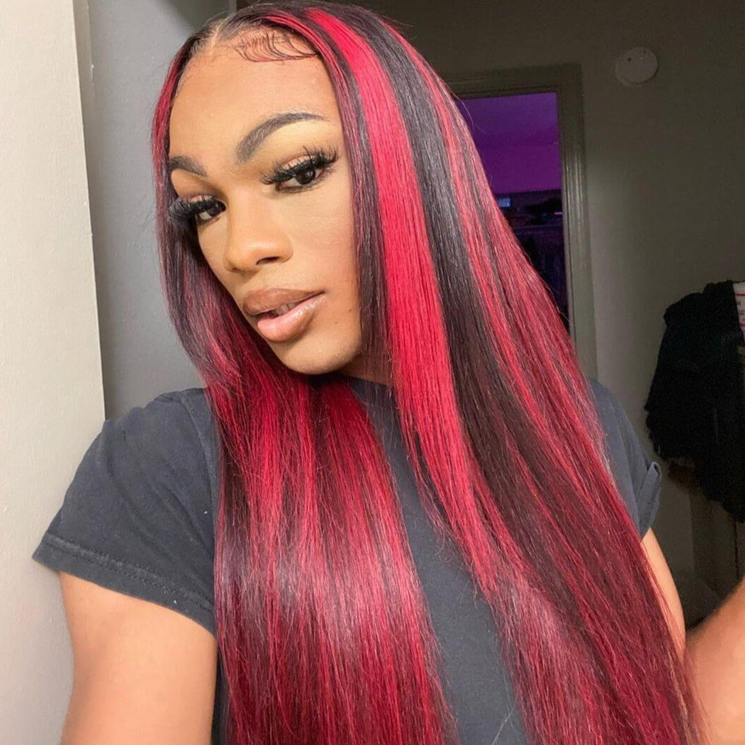 99j burgunday wig with red highlight