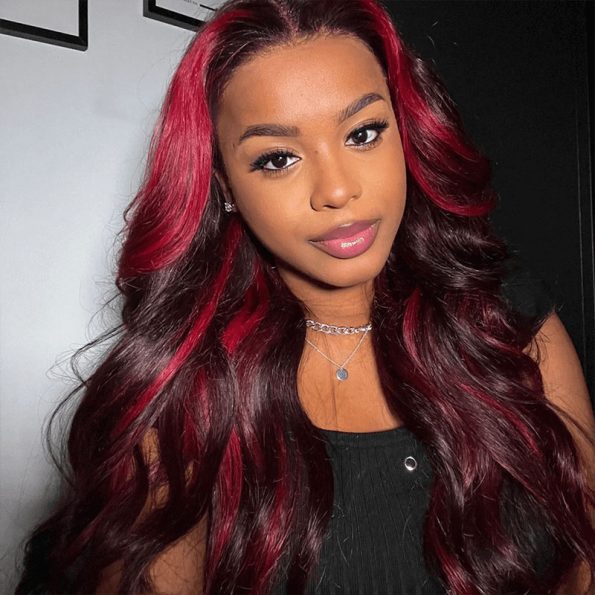 99j burgunday wig with red highlight body wave