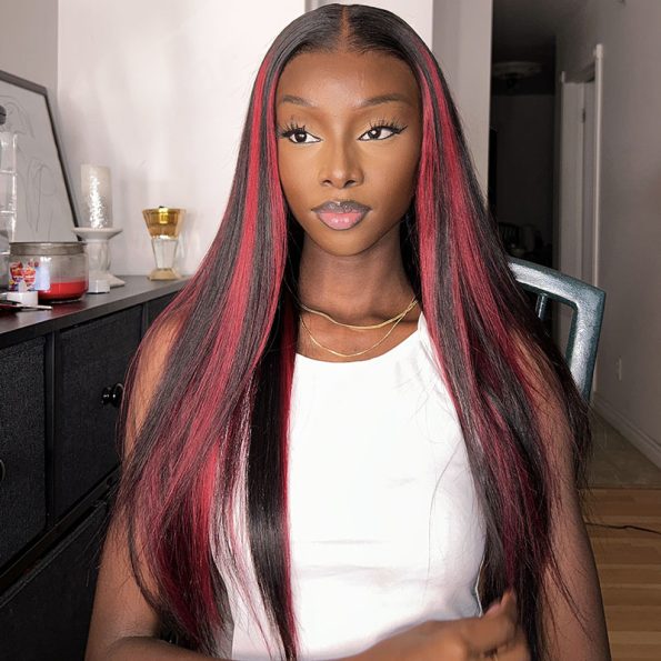 burgundy highlight wig straight hair