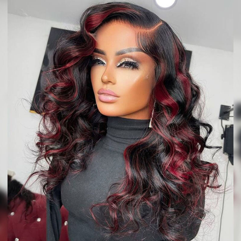 natural black with 99j burgundy highlight body wave wig