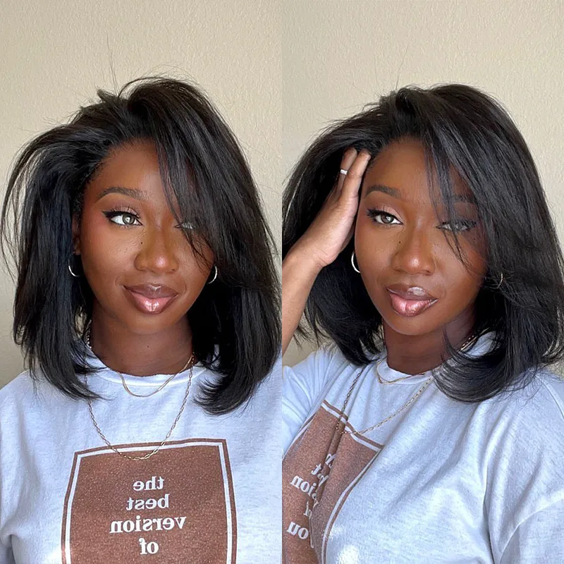 Two side-by-side portraits of a smiling woman with shoulder-length black hair, hoop earrings, and a white graphic T-shirt.