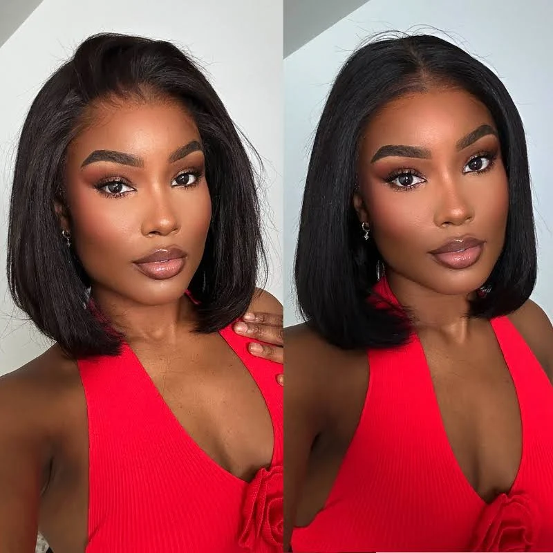 Two side-by-side selfies of a woman with a sleek black bob and bold makeup, wearing a red sleeveless top; showcases makeup look and facial features clarity.