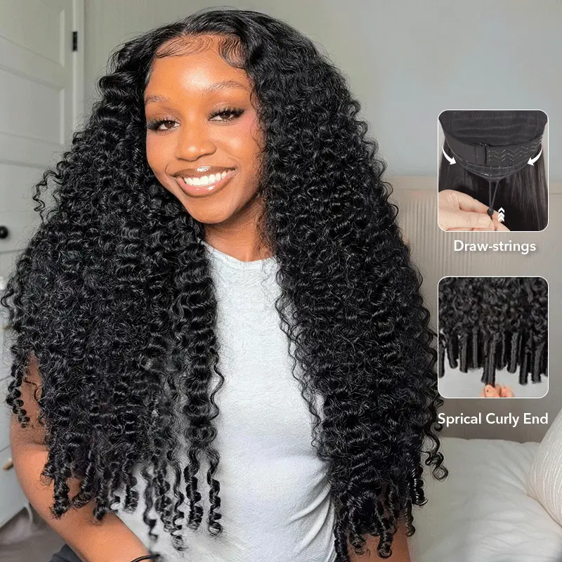 Smiling woman with long, tight black curls; insets highlight drawstrings and spiral curly ends of the wig